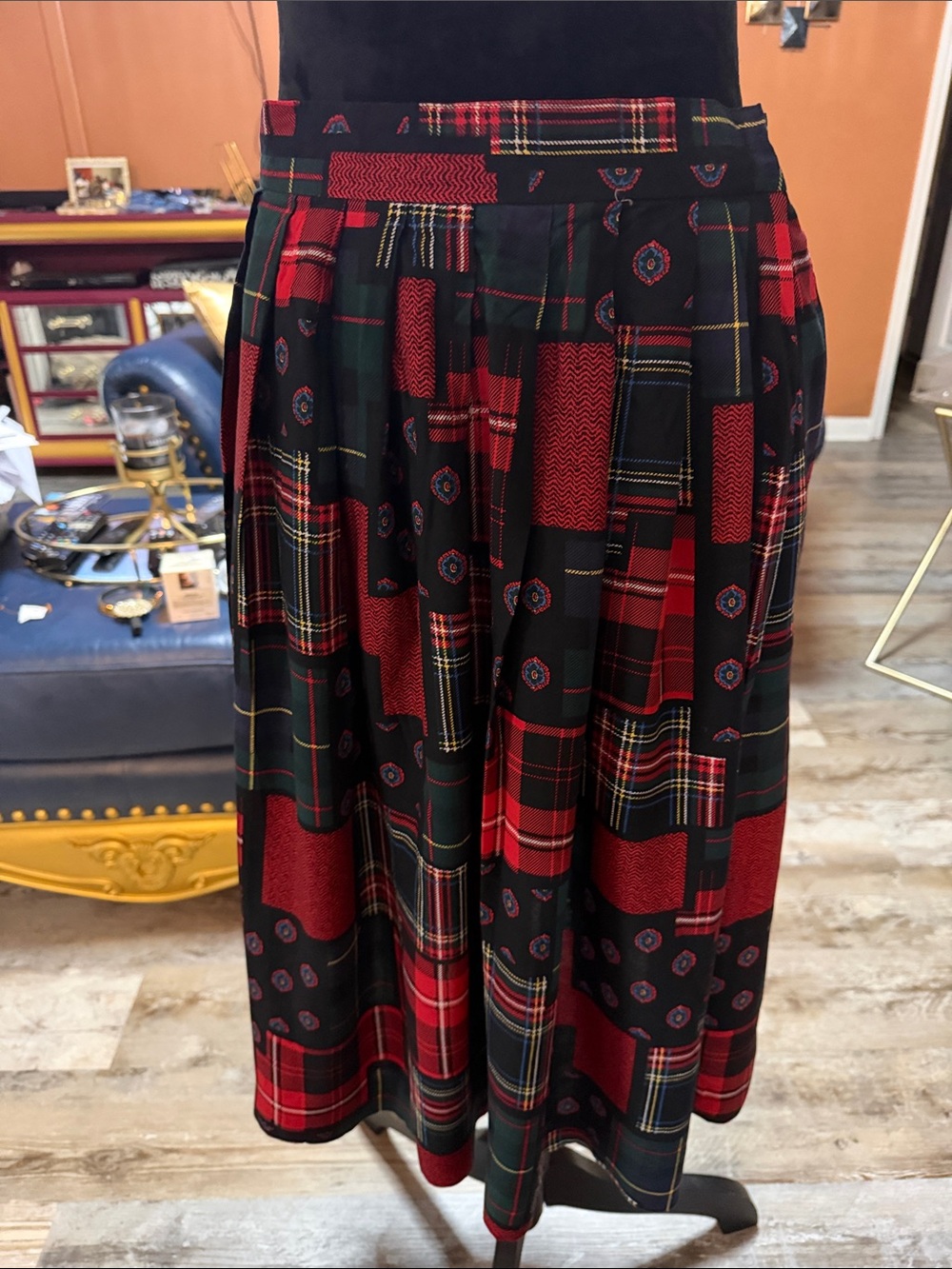Vintage “Katie Brooke” Plaid Patchwork Midi Skirt in Red and Black